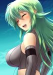  1girl :d ^_^ ^o^ bare_shoulders black_gloves blush breasts closed_eyes crying elbow_gloves from_side gloves green_hair jogie_(artist) large_breasts lips long_hair open_mouth original smile solo striped tears teeth upper_body vertical_stripes 