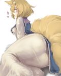  1girl animal_ears blonde_hair dress fox_ears fox_tail from_behind hair_between_eyes heart looking_at_viewer lying multiple_tails on_side short_hair smile tabard tail touhou utopia white_dress yakumo_ran 