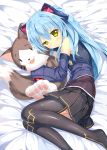  1girl bed_sheet black_legwear black_skirt blue_hair detached_sleeves eiyuu_densetsu expressionless kibasuke long_hair lying on_side pleated_skirt shirt skirt solo stuffed_toy thigh-highs tio_plato yellow_eyes zero_no_kiseki 