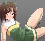  1girl :o animal_ears blush brown_eyes brown_hair cat_ears character_request cheerleader fake_animal_ears green_legwear green_skirt grey_background hairband knee_up kneehighs liar_lawyer looking_at_viewer lying nose_blush on_back open_mouth pleated_skirt short_hair simple_background skirt solo strike_witches sweatdrop thighs uniform 
