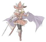  1girl arcane_sword_(granblue_fantasy) belt black_legwear blonde_hair boots brown_boots brown_eyes cape djeeta_(granblue_fantasy) full_body granblue_fantasy hat hat_feather miniskirt pantyhose red_skirt sherad short_hair simple_background skirt solo sword weapon white_background 