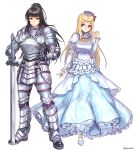  2girls aken arm_at_side armor armored_boots bangs black_hair blue_eyes blunt_bangs boots breastplate breasts character_request circlet closed_mouth crown detached_sleeves dress elbow_pads eyebrows eyebrows_visible_through_hair faulds flower frilled_dress frilled_sleeves frills gauntlets hair_flower hair_ornament hand_on_hip holding holding_sword holding_weapon legs_apart long_dress long_hair looking_at_another looking_to_the_side multiple_girls narberal_gamma overlord_(maruyama) patterned pauldrons ponytail puffy_short_sleeves puffy_sleeves red_flower shoes short_sleeves simple_background smile standing star sword tiara twitter_username weapon white_background white_dress white_flower white_shoes 
