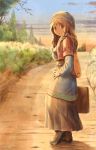  1girl bag blonde_hair braid clouds forest hand_on_hip instrument jewelry looking_at_viewer lute_(instrument) mashou_boy nature red_eyes ring road skirt sky solo sunset tree 