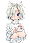  1girl animal_ears blue_eyes blush breasts bulbonne cat_ears cleavage cleavage_cutout commentary_request hair_ornament hair_over_one_eye hairclip hamakaze_(kantai_collection) hands_on_own_chest highres kantai_collection kemonomimi_mode open-chest_sweater open_mouth revision short_hair silver_hair simple_background solo striped surprised sweater upper_body vertical_stripes white_background 