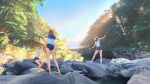  3girls barefoot bridge brown_hair forest highres long_hair miniskirt mountain multiple_girls nature outstretched_arms pleated_skirt rock sailor_collar school_swimsuit school_uniform shitub52 sitting skirt sky stream swimsuit 