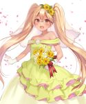  1girl :d bare_shoulders blonde_hair blush bouquet brown_eyes dark_skin dress flower fukahire_sanba glasses gloves green_dress hair_flower hair_ornament holding_bouquet jewelry long_hair necklace off_shoulder open_mouth pearl_necklace petals retoree rimless_glasses show_by_rock!! smile solo twintails veil very_long_hair white_background white_gloves 