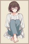  1girl barefoot brown_hair closed_eyes glasses leg_hug matsuki_(mikipingpong) original pants simple_background sitting smile solo 