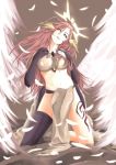  1girl angel_wings artist_request breasts bridal_gauntlets crop_top feathered_wings gloves halo jibril_(no_game_no_life) kneeling large_breasts long_hair low_wings magic_circle midriff mismatched_legwear navel no_game_no_life pink_hair solo tattoo thigh-highs very_long_hair white_wings wing_ears wings yellow_eyes 