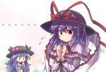  ... 2girls apron bdsm blue_hair blurry blush bound bound_wrists bow capelet cocked_eyebrow depth_of_field dress embarrassed finger_to_mouth food food_on_head fruit fruit_on_head hat hat_bow hat_ribbon hinanawi_tenshi leaf long_hair multiple_girls nagae_iku object_on_head peach purple_hair red_eyes ribbon ryogo touhou uneven_eyes very_long_hair waist_apron |_| 