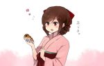  annin_musou bangs bow brown_eyes brown_hair commentary_request drill_hair eyebrows eyebrows_visible_through_hair food hair_bow hair_up harukaze_(kantai_collection) holding holding_food japanese_clothes kantai_collection kimono open_mouth parted_bangs pink_kimono sidelocks smile translation_request twin_drills upper_body wide_sleeves 