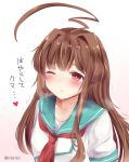  1girl ahoge bangs blush brown_eyes brown_hair closed_mouth commentary_request heart heart-shaped_pupils kantai_collection kiss_day kuma_(kantai_collection) long_hair masakazu_(coccinellee) neckerchief one_eye_closed school_uniform serafuku short_sleeves solo symbol-shaped_pupils translated trembling twitter_username waiting_for_kiss 