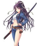  1girl belt black_hair collarbone denim grey_ribbon hair_ribbon hand_on_hip highres holding holding_sword holding_weapon kanzaki_kaori long_hair midriff navel ribbon shirt simple_background solo sword tied_shirt to_aru_majutsu_no_index violet_eyes weapon white_background white_shirt 