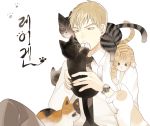  1boy :&lt; animal animal_on_lap animal_on_shoulder bangs black_cat black_necktie blue_sclera brown_eyes calico cat cat_on_lap cat_on_shoulder collared_shirt covered_mouth covering_mouth formal grey_pants holding_animal light_brown_hair long_sleeves looking_at_another looking_at_viewer male_focus mob_psycho_100 necktie pants paw_print reigen_arataka shamko shirt simple_background sitting solo suit watch watch white_background white_shirt yawning yellow_sclera 