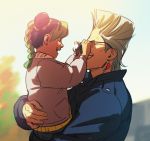  1boy 1girl black_hair braid carrying child closed_eyes double_bun earrings green_hair grin jacket jean_pierre_polnareff jewelry jojo_no_kimyou_na_bouken kuujou_jolyne maren_marmulla multicolored_hair open_mouth signature silver_hair single_braid smile sunglasses sunlight two-tone_hair younger 