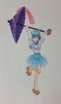  absurdres capelet commentary_request funryuu_(tomata-dam225-0) geta heterochromia highres karakasa_obake standing_on_one_leg tatara_kogasa tongue tongue_out touhou traditional_media umbrella watercolor_(medium) 