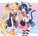  2girls :d animal_ears bag bell black_hair blonde_hair blue_eyes blush cake cat_ears cat_tail cyan_(show_by_rock!!) food glasses hair_ribbon heart leg_garter long_hair multiple_girls open_mouth retoree ribbon sailor_collar school_uniform serafuku shimogu short_hair short_sleeves show_by_rock!! skirt smile striped striped_legwear tail thigh-highs twintails very_long_hair yellow_eyes zettai_ryouiki 