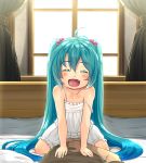  1girl absurdres ahoge aqua_eyes blush closed_eyes curtains fang hair_bobbles hair_ornament hatsune_miku highres kitsunerider long_hair open_mouth solo_focus straddling strap_slip twintails very_long_hair vocaloid window younger 