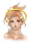  blonde_hair blue_eyes breasts cleavage highres light_smile lips long_hair looking_at_viewer mechanical_halo mercy_(overwatch) overwatch simple_background superboin upper_body white_background 