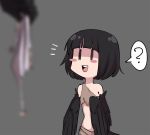  /\/\/\ 1girl ? bangs bare_shoulders black_hair black_wings blurry blush_stickers chibi cowboy_shot dark_souls_iii depth_of_field feathered_wings grey_background harpy holding iwbitu-sa midriff monster_girl open_mouth short_hair simple_background smile solo_focus souls_(from_software) speech_bubble wings |_| 