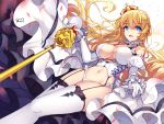  1girl absurdres bison_cangshu blonde_hair blue_eyes breasts cane crown elbow_gloves garter_straps gloves highres large_breasts lion lion_(zhan_jian_shao_nyu) long_hair looking_at_viewer midriff mini_crown navel smile solo thigh-highs thighs white_gloves white_legwear zhan_jian_shao_nyu 