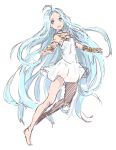  1girl :d ahoge bare_legs blue_eyes blue_hair choker dress full_body granblue_fantasy long_hair lyria_(granblue_fantasy) open_mouth sherad simple_background smile solo very_long_hair white_background white_dress 