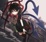 1girl asymmetrical_wings black_dress black_hair black_legwear bow dress expressionless highres houjuu_nue looking_at_viewer pointy_ears polearm red_bow red_eyes short_hair short_sleeves smoke snake solo thigh-highs thkani touhou trident weapon wings wrist_cuffs 