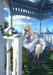  1girl barefoot bench bird blonde_hair blue_eyes breasts chef_no_kimagure_salad cleavage clouds dress flower gazebo grass hair_flower hair_ornament highres large_breasts looking_at_viewer mountain original sitting sky sleeveless sleeveless_dress solo v 