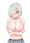  1girl black_legwear blue_eyes breast_hold breasts cleavage closed_mouth collarbone hair_ornament hair_over_one_eye hairclip hamakaze_(kantai_collection) hand_on_breast hand_on_own_arm hazamanokaien holding_arm kantai_collection large_breasts looking_at_viewer nail_polish no_shirt one_eye_covered pantyhose pink_nails pleated_skirt ribbon-trimmed_bra shade short_hair silver_hair simple_background skirt smile solo upper_body white_background 