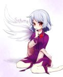  1girl barefoot braid character_name dress finger_to_mouth full_body gradient gradient_background highres jacket kishin_sagume long_sleeves looking_at_viewer off_shoulder purple_dress red_eyes short_hair silver_hair single_braid sitting smile solo touhou youji_(ohudousann) 