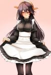 1girl alternate_costume apron black_hair black_legwear blush breasts closed_eyes commentary_request enmaided frills gradient gradient_background hair_ornament hairband hairclip haruna_(kantai_collection) headgear highres impossible_clothes kantai_collection large_breasts long_hair long_sleeves maid puffy_long_sleeves puffy_sleeves remodel_(kantai_collection) skirt_hold smile solo tsukui_kachou waist_apron 