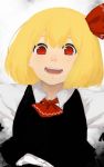  1girl ascot black_vest blonde_hair bow gradient gradient_background grey_background hair_between_eyes hair_bow highres lips long_sleeves looking_at_viewer open_mouth outstretched_arms red_eyes rumia shirt short_hair smile solo teeth terimayo touhou upper_body white_shirt 
