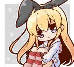  1girl :&lt; animal_hood blonde_hair bloom2425 blue_eyes blush_stickers bunny_hood hairband hood hoodie kantai_collection long_hair long_sleeves looking_at_viewer open_mouth shimakaze_(kantai_collection) solo striped striped_legwear thigh-highs triangle_mouth twitter_username 