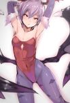  1girl armpits bat_wings blush demon_girl denizen_tomo head_wings leotard lilith_aensland looking_at_viewer orange_eyes pantyhose short_hair small_breasts succubus vampire_(game) wings 