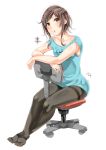  1girl black_hair brown_hair highres murabito_c original pantyhose short_hair solo swivel_chair thighband_pantyhose 