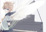  1boy angel_wings blonde_hair blue_eyes detached_sleeves hirobakar instrument kagamine_len looking_at_viewer male_focus necktie piano shorts vocaloid wings yellow_necktie 