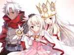  1boy 2girls ;d armor bare_shoulders belt black_gloves blush commentary_request crown dark_skin dress dress_of_heaven emiya_kiritsugu family fate/grand_order fate/kaleid_liner_prisma_illya fate/zero fate_(series) father_and_daughter feathers gloves hair_feathers hand_on_another&#039;s_head holding_wand husband_and_wife illyasviel_von_einzbern irisviel_von_einzbern kaleidostick long_hair magical_girl magical_ruby mother_and_daughter multiple_girls one_eye_closed open_mouth prisma_illya red_eyes silver_hair smile tsuedzu wand white_gloves white_hair 