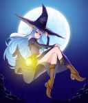  1girl alternate_costume aqua_(fire_emblem_if) azura_(fire_emblem) blue_eyes blue_hair boots dress expressionless fire_emblem fire_emblem_fates fire_emblem_heroes fire_emblem_if hair_between_eyes halloween hat highres intelligent_systems kuudere lantern long_hair looking_at_viewer moon night nintendo parted_lips sky solo tuqi_pix very_long_hair witch_hat 