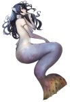  1girl armlet blue_eyes blue_hair fins hand_on_own_chin long_hair looking_at_viewer looking_to_the_side lying mermaid monster_girl on_side profile pupps scales simple_background topless wavy_hair white_background 