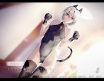  animal_ears black_legwear breasts cat_ears cat_paws cat_tail covered_nipples highleg highleg_leotard leotard original paws red_eyes short_hair silver_hair tail tazuma_(u283) thigh-highs 