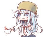  1girl blue_eyes coffee cup hibiki_(kantai_collection) hirosaki_yukito kantai_collection long_hair pot sausage silver_hair solo uniform white_background 