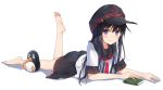  1girl akatsuki_(kantai_collection) anchor_symbol barefoot black_hat black_skirt blush book closed_mouth failure_penguin full_body hachita_(odangoya) hat kantai_collection leg_up long_hair looking_at_viewer lying neckerchief on_stomach pleated_skirt school_uniform serafuku short_sleeves simple_background skirt sleeve_cuffs smile soles solo tareme the_pose toes violet_eyes white_background 