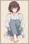  1girl barefoot brown_eyes brown_hair glasses matsuki_(mikipingpong) original pants short_hair simple_background sitting sketch smile solo 