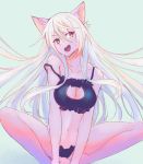  1girl animal_ears barefoot black_bra black_hanekawa black_panties bra breasts cat_cutout cat_ear_panties cat_ears cat_lingerie cleavage cleavage_cutout fang hanekawa_tsubasa highres huge_filesize large_breasts long_hair midriff monogatari_(series) navel open_mouth panties qosic sitting smile solo stomach underwear underwear_only very_long_hair white_hair yellow_eyes 