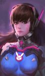  1girl bodysuit breasts brown_eyes brown_hair d.va_(overwatch) facial_mark headphones long_hair looking_at_viewer overwatch solo yy6242 