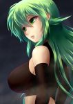  1girl bare_shoulders black_gloves breasts clenched_teeth crying crying_with_eyes_open elbow_gloves eyebrows eyebrows_visible_through_hair from_side gloves green_eyes green_hair jogie_(artist) large_breasts original parted_lips solo tears teeth upper_body 