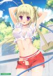  1girl absurdres arms_behind_head arms_up artist_name bikini_bottom blonde_hair blush breasts broom bush clouds cowboy_shot green_ribbon hair_ribbon highres hose long_hair navel open_mouth original outdoors ponytail pool ribbon sesena_yau shirt short_shorts short_sleeves shorts solo striped unbuttoned very_long_hair violet_eyes water wet wet_clothes wet_shirt 