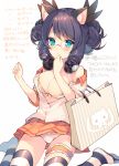  animal_ears bag black_hair black_ribbon blue_eyes blush bra breasts cat_ears cleavage clenched_hand closed_mouth cyan_(show_by_rock!!) drill_hair frilled_panties frills glasses hair_ribbon headphones headphones_around_neck leg_garter mayachi_(amuriya) no_shoes off_shoulder open_clothes open_shirt orange_skirt panties pantyshot pantyshot_(sitting) pleated_skirt retoree retoree_(cosplay) ribbon rimless_glasses shirt shopping_bag short_sleeves show_by_rock!! sitting skirt striped striped_legwear underwear wariza wavy_mouth white_background white_bra white_panties 