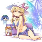  2girls ad arm_support bangs barefoot bed_sheet bikini blonde_hair blue_shirt blue_skirt blush bow breasts choker cleavage closed_mouth collarbone curly_hair eyebrows eyebrows_visible_through_hair flying_sweatdrops food green_hat hair_between_eyes hair_bobbles hair_ornament hat hat_bow holding holding_food inubashiri_momiji jewelry kawashiro_nitori key leaf leaning_to_the_side long_hair long_sleeves looking_at_viewer manga_(object) multiple_girls navel on_bed open_mouth pendant pillow purple_bikini purple_bow ribbon sarong shade shameimaru_aya shirt sitting skirt skirt_set smile stomach sun_hat sunglasses swimsuit toto_nemigi touhou triangle_mouth two_side_up watatsuki_no_toyohime white_background white_hat wrist_ribbon yokozuwari 