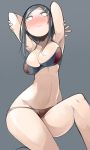  1girl armpits arms_behind_head black_hair blush breasts cleavage grey_background hair_ornament hairclip i_(deichi) long_hair navel original simple_background solo sweatdrop underwear underwear_only white_eyes 