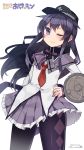  &gt;;) 1girl 2015 akatsuki_(kantai_collection) akemi_homura akemi_homura_(cosplay) alternate_costume anchor_symbol argyle argyle_legwear badge black_legwear blush character_name cosplay cowboy_shot dated flat_cap frilled_skirt frills hand_on_hip hat highres kantai_collection kuro_chairo_no_neko long_hair long_sleeves look-alike magical_girl mahou_shoujo_madoka_magica miniskirt namesake neckerchief one_eye_closed pantyhose paw_print pleated_skirt purple_hair ribbon school_uniform serafuku shield simple_background skirt smile solo star title_parody twitter_username violet_eyes white_background 